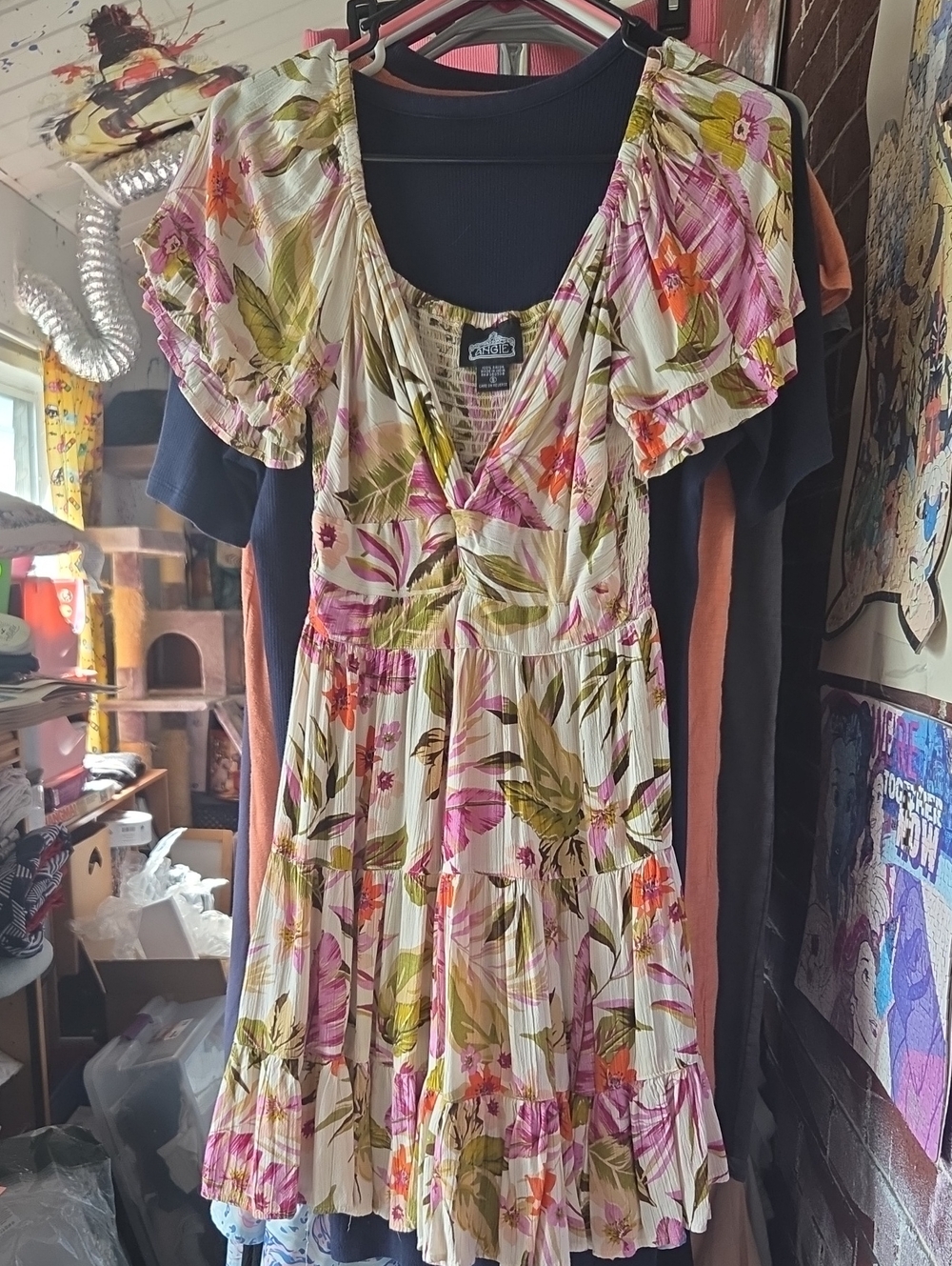 Angie Floral V-Neck Ruffle Sleeve Tunic in Pink, Green, Orange on Cream